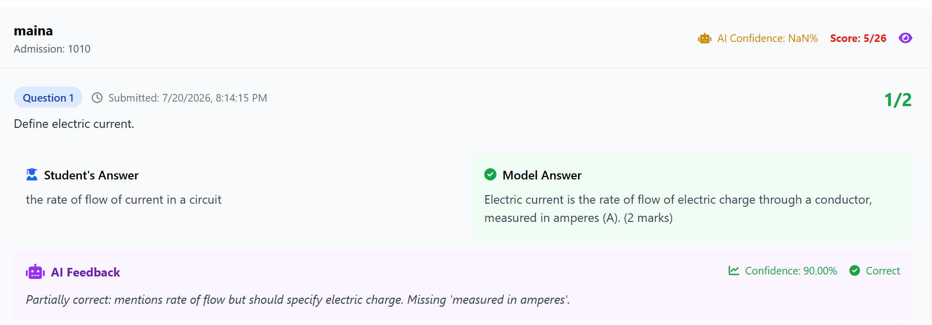 AI marking review showing per-question AI reasoning, confidence scores, and teacher override controls